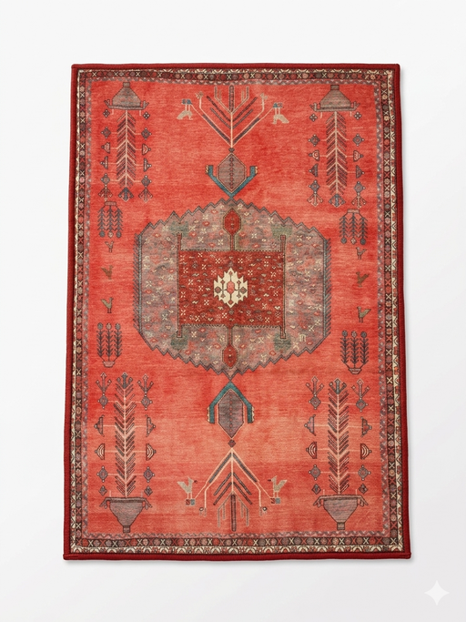 2' x 3' Rectangular Coral Red Tribal Medallion Traditional Washable Area Rug isolated on a white background.