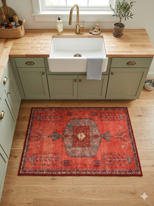 2' x 3' Rectangular Coral Red Tribal Medallion Traditional Washable Area Rug placed in a kitchen in front of a farmhouse sink with warm cabinetry and soft natural light.