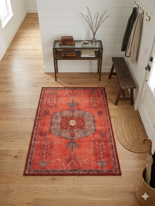 2' x 3' Rectangular Coral Red Tribal Medallion Traditional Washable Area Rug placed in an entryway with a console table, bench, and natural wood flooring.