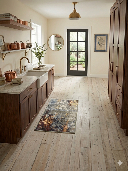 2' x 3' Rectangular Gray Gold Abstract Modern Washable Area Rug styled in a bright laundry room with dark wood cabinetry, open shelving, and a glass-paneled back door.