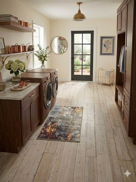 2' x 3' Rectangular Gray Gold Abstract Modern Washable Area Rug styled in a laundry room with built-in dark wood cabinetry, front-loading washer and dryer, and a glass-paneled back door.