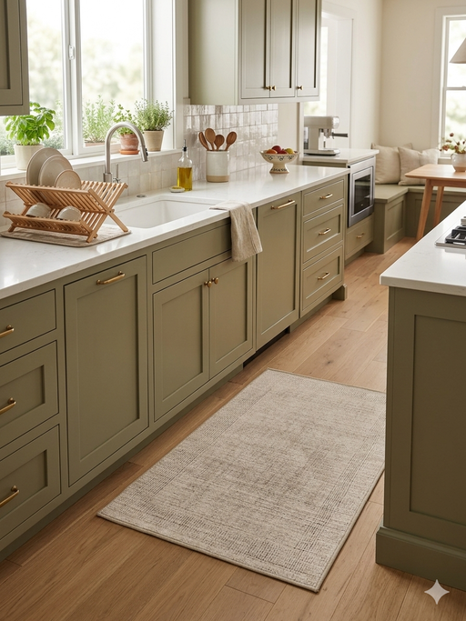 2' x 3' Rectangular Ivory & Beige Distressed Abstract Modern Washable Area Rug placed in a bright modern kitchen between sage green cabinets.
