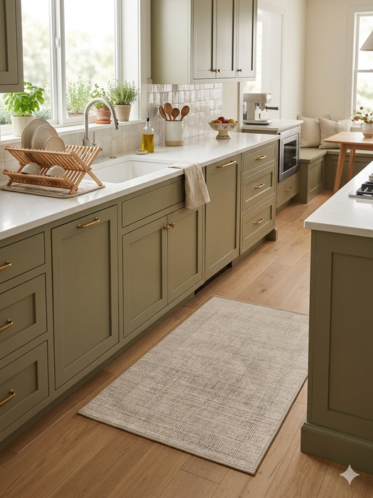 2' x 3' Rectangular Ivory & Beige Distressed Abstract Modern Washable Area Rug placed in a bright modern kitchen between sage green cabinets.