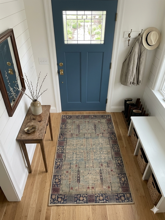 2' x 3' Rectangular Ivory & Blue Geometric Tribal Traditional Area Rug placed in a welcoming entryway.