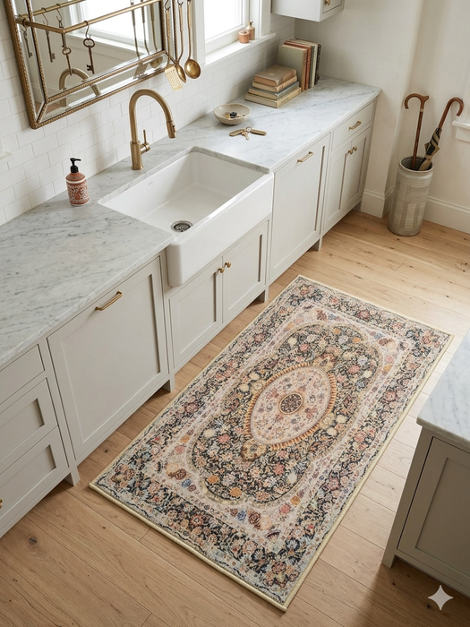 2' x 3' Rectangular Ivory Multi Color Floral Medallion Traditional Area Rug styled in a kitchen.