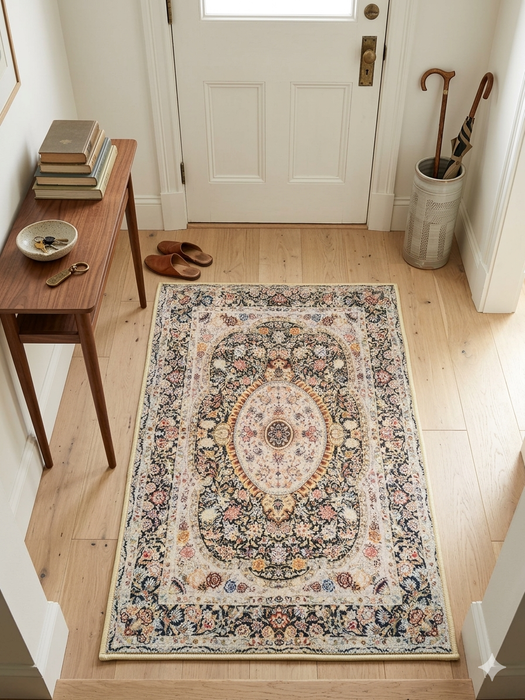 2' x 3' Rectangular Ivory Multi Color Floral Medallion Traditional Area Rug styled in an entryway.