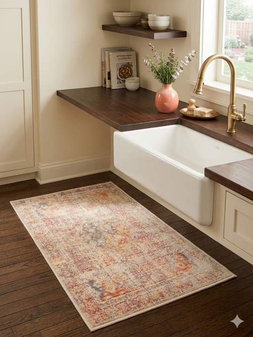 2' x 3' Rectangular Ivory Rust Distressed Medallion Vintage Traditional Area Rug placed in a kitchen sink area adding a soft vintage accent to the space.