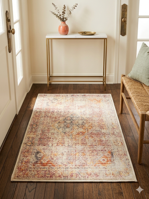 2' x 3' Rectangular Ivory Rust Distressed Medallion Vintage Traditional Area Rug styled in an entryway with a slim console table and decorative accents.