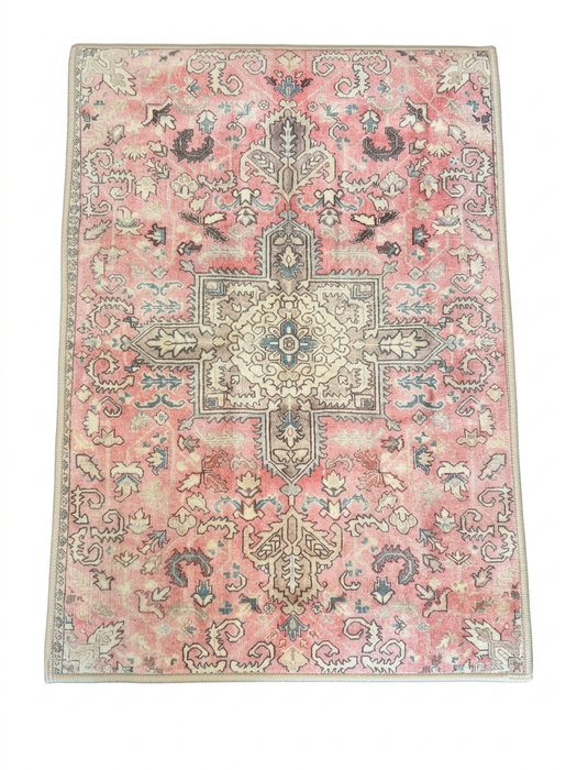 2' x 3' Rectangular Pink Ivory Distressed Medallion Vintage Traditional Area Rug isolated on a white background.