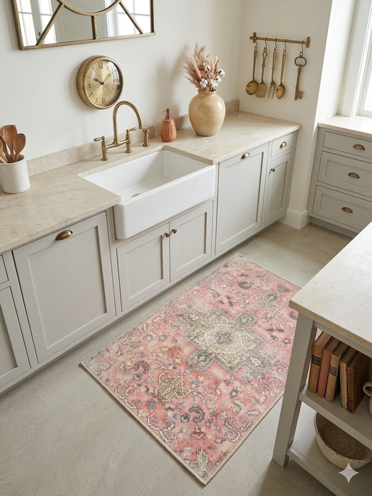 2' x 3' Rectangular Pink Ivory Distressed Medallion Vintage Traditional Area Rug styled in a kitchen.