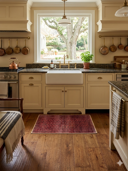 2' x 3' Rectangular Red & Black Geometric Medallion Traditional Washable Area Rug placed in a cozy kitchen in front of a farmhouse sink with warm cabinetry and natural light.