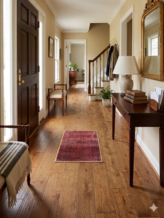 2' x 3' Rectangular Red & Black Geometric Medallion Traditional Washable Area Rug placed in an entryway hallway with a console table, mirror, and warm wood flooring.