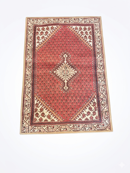 2' x 3' Rectangular Red & Ivory Tribal Geometric Traditional Washable Area Rug isolated on a white background.
