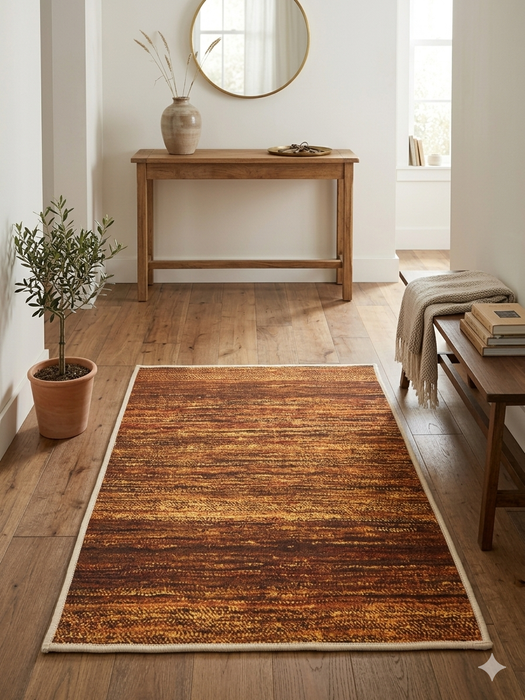 2' x 3' Rectangular Rust Gold Distressed Abstract Modern Washable Area Rug placed in a modern entryway with a wooden console table, round mirror, and natural decor.