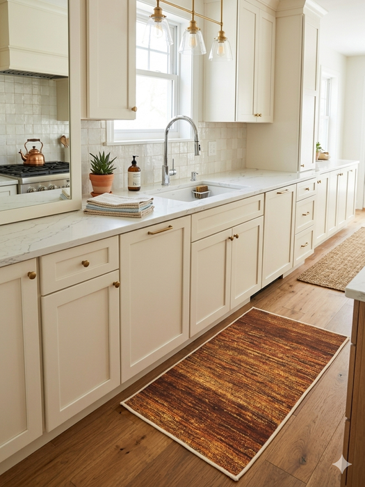 2' x 3' Rectangular Rust Gold Distressed Abstract Modern Washable Area Rug styled in a bright kitchen with cream cabinetry, white countertops, and warm wood flooring.