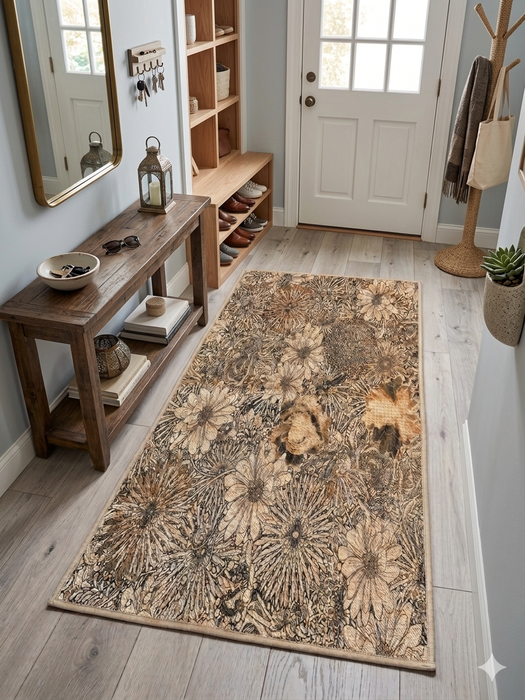 2' x 4' Rectangular Beige & Brown Floral Botanical Modern Washable Area Rug placed in an entryway beside a wooden console table and shoe storage.