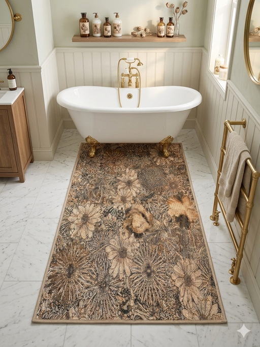 2' x 4' Rectangular Beige & Brown Floral Botanical Modern Washable Area Rug styled in a bright bathroom beneath a freestanding bathtub.