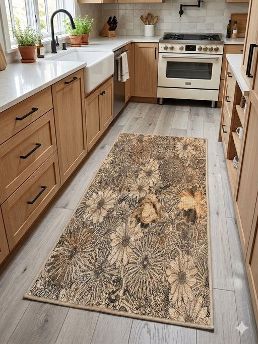 2' x 4' Rectangular Beige & Brown Floral Botanical Modern Washable Area Rug styled in a modern kitchen with light wood cabinets.