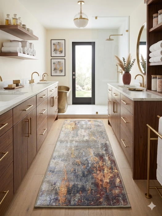 2' x 4' Rectangular Gray Gold Abstract Modern Washable Area Rug placed in a luxurious bathroom with dual vanities, open shelving, and a walk-in shower.