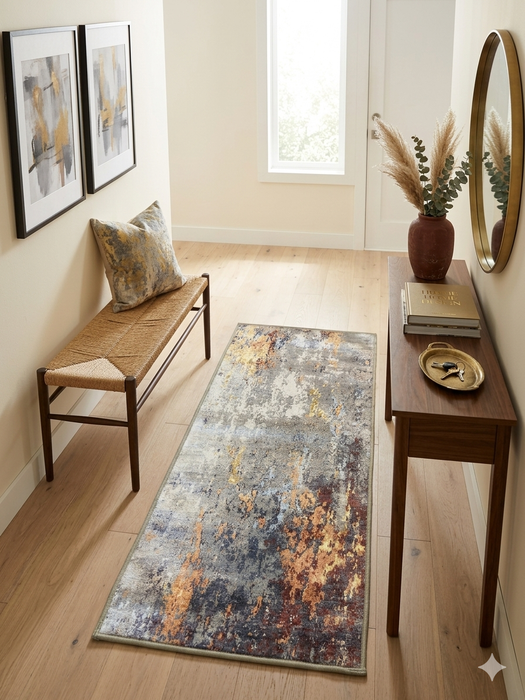 2' x 4' Rectangular Gray Gold Abstract Modern Washable Area Rug styled in a bright entryway with a woven bench, wooden console table, round wall mirror, and natural decor accents.