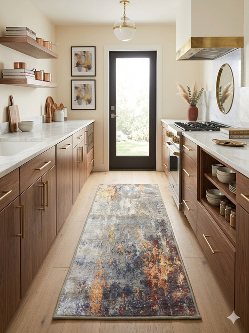 2' x 4' Rectangular Gray Gold Abstract Modern Washable Area Rug styled in a modern kitchen with walnut cabinets, marble countertops, and a glass back door.