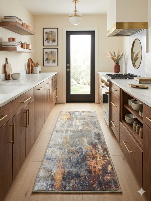 2' x 4' Rectangular Gray Gold Abstract Modern Washable Area Rug styled in a modern kitchen with walnut cabinets, marble countertops, and a glass back door.