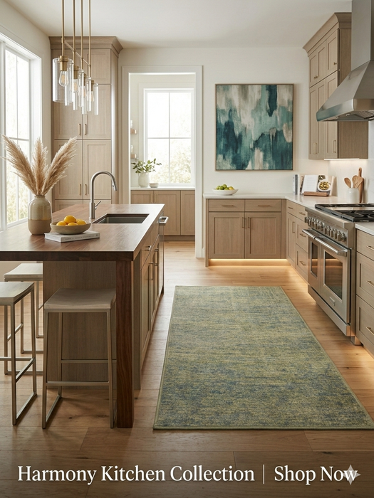 2' x 4' Rectangular Green Sage Distressed Modern Abstract Area Rug placed in a bright kitchen between island and stove.