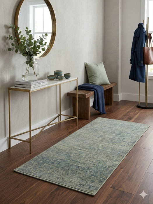 2' x 4' Rectangular Green Sage Distressed Modern Abstract Area Rug styled in a modern entryway with console table, bench, and wall mirror.