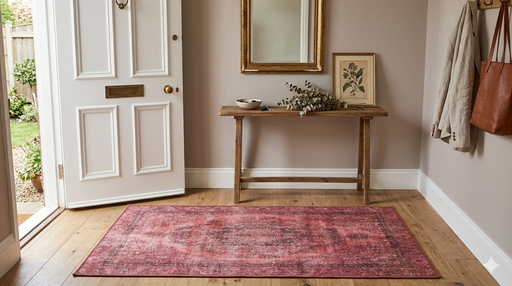 2' x 4' Rectangular Pink & Rose Distressed Medallion Vintage Washable Area Rug placed in a welcoming entryway beneath a rustic wooden console table.