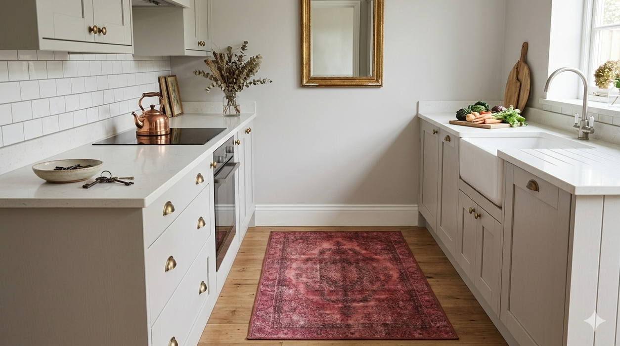 2' x 4' Rectangular Pink & Rose Distressed Medallion Vintage Washable Area Rug styled in a bright farmhouse kitchen between white cabinets.
