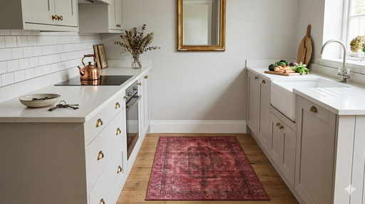 2' x 4' Rectangular Pink & Rose Distressed Medallion Vintage Washable Area Rug styled in a bright farmhouse kitchen between white cabinets.
