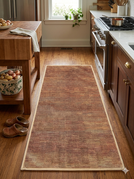 2' x 4' Rectangular Rust Orange & Beige Solid Textured Modern Washable Area Rug styled in a warm contemporary kitchen between wooden cabinets.