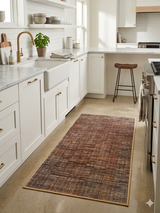 2' x 4' Runner Brown & Beige Distressed Abstract Modern Area Rug styled in a bright kitchen.