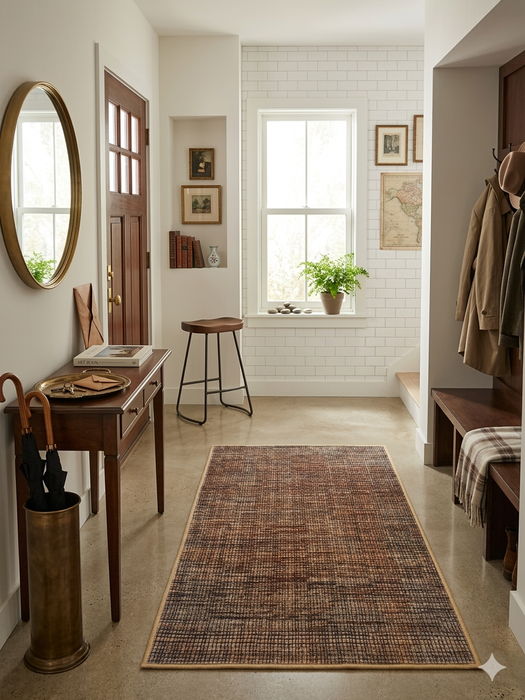 2' x 4' Runner Brown & Beige Distressed Abstract Modern Area Rug styled in a modern entryway.