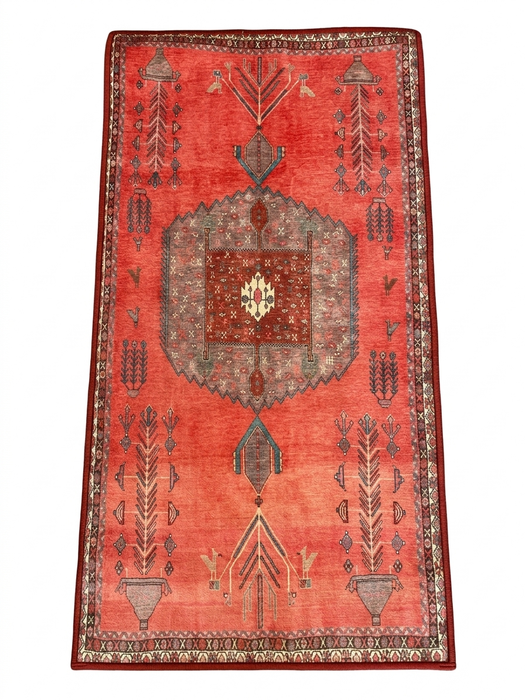 2' x 4' Runner Coral Red Tribal Medallion Traditional Washable Area Rug isolated on a white background.