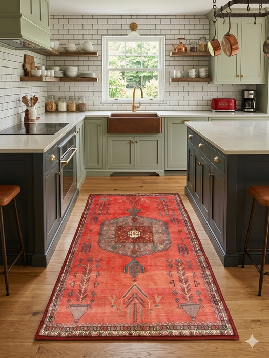 2' x 4' Runner Coral Red Tribal Medallion Traditional Washable Area Rug placed in a kitchen between cabinets with warm wood flooring and a farmhouse sink.