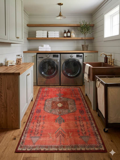 2' x 4' Runner Coral Red Tribal Medallion Traditional Washable Area Rug placed in a laundry room with front-load washers, wood countertops, and open shelving.
