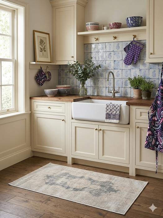 2' x 4' Runner Gray & Ivory Distressed Medallion Traditional Washable Area Rug styled in a kitchen with cabinetry and a farmhouse sink.