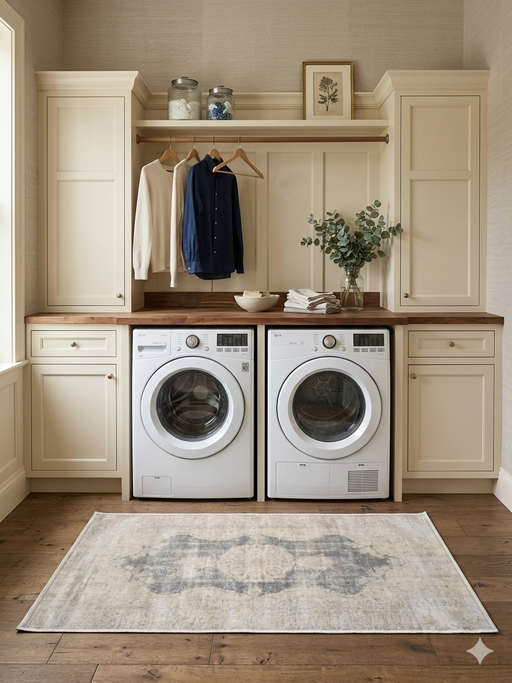 2' x 4' Runner Gray & Ivory Distressed Medallion Traditional Washable Area Rug styled in a laundry room with cabinetry and appliances.