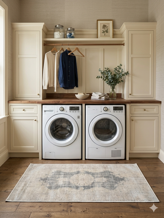 2' x 4' Runner Gray & Ivory Distressed Medallion Traditional Washable Area Rug styled in a laundry room with cabinetry and appliances.