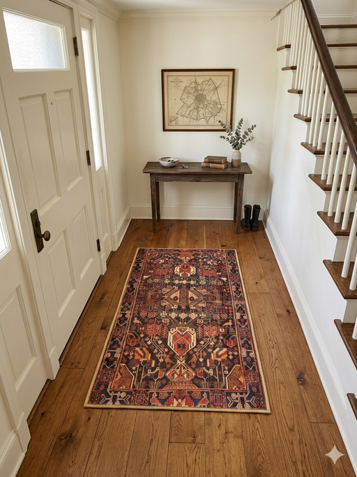 2' x 4' Runner Rust & Black Tribal Geometric Traditional Area Rug styled in an entryway with a wooden console table, staircase, and warm lighting.