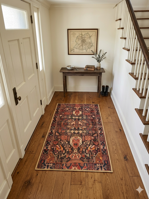 2' x 4' Runner Rust & Black Tribal Geometric Traditional Area Rug styled in an entryway with a wooden console table, staircase, and warm lighting.