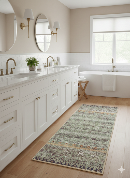 2' x 5' Rectangular Sage Green Multicolor Washable Area Rug placed in washroom area
