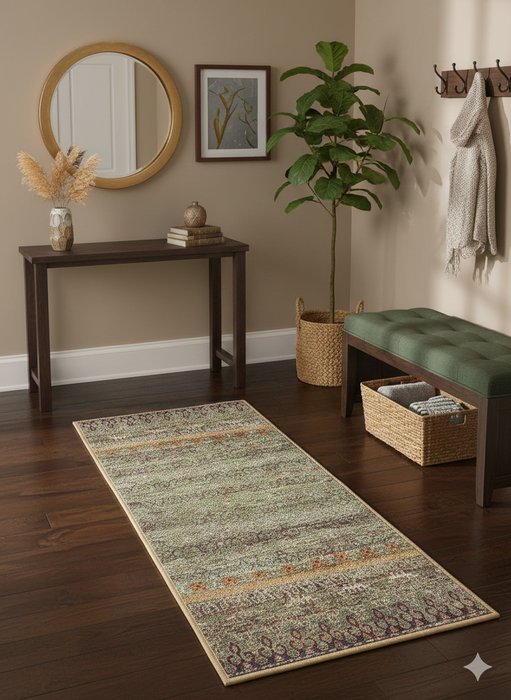 2' x 5' Rectangular Sage Green Multicolor Washable Area Rug styled in an entryway.
