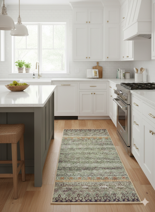 2' x 5' Rectangular Sage Green Multicolor Washable Area Rug placed in a kitchen setting.