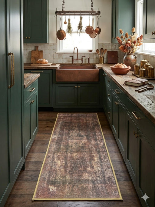 2' x 5' Runner Brown & Beige Distressed Vintage Traditional Washable Area Rug styled in a rustic kitchen.