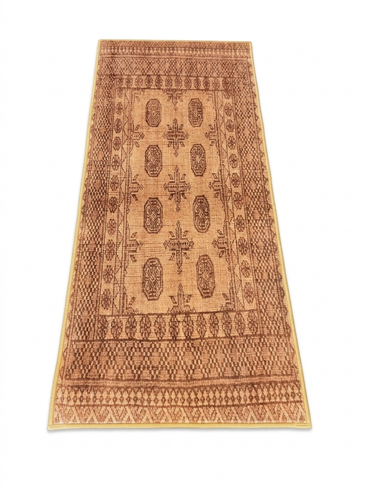5' Round Peach & Blue Animal Motif Traditional Area Rug styled in an entryway with a console table and wall mirror.