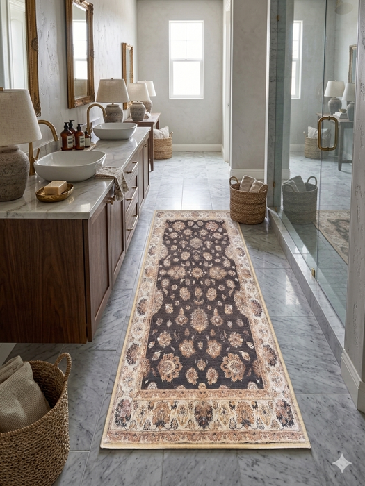 2' x 5' Runner Charcoal & Ivory Floral Traditional Washable Area Rug placed in a luxurious bathroom in front of a double vanity.