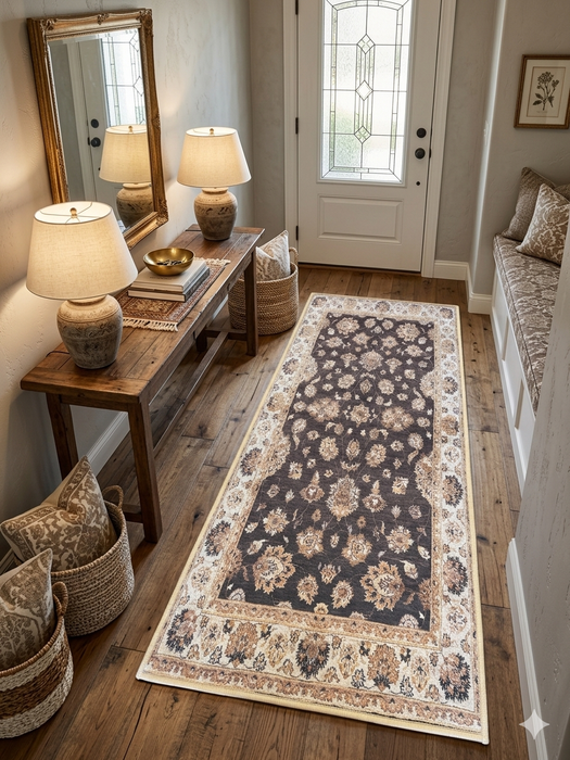 2' x 5' Runner Charcoal & Ivory Floral Traditional Washable Area Rug placed in a welcoming entryway beside a wooden console table.