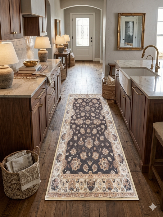 2' x 5' Runner Charcoal & Ivory Floral Traditional Washable Area Rug styled in a warm farmhouse kitchen between wooden cabinets.